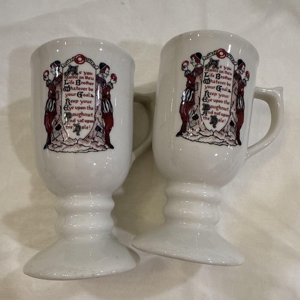Sterling Vetrified China 2 Set Irish Coffee Pedestal Mugs Doughnut Poem